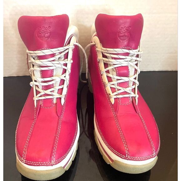 TIMBERLAND PINK & WHITE 6” LEATHER BOOTS, SIZE 9.5 Medium Women’s - Picture 1 of 11